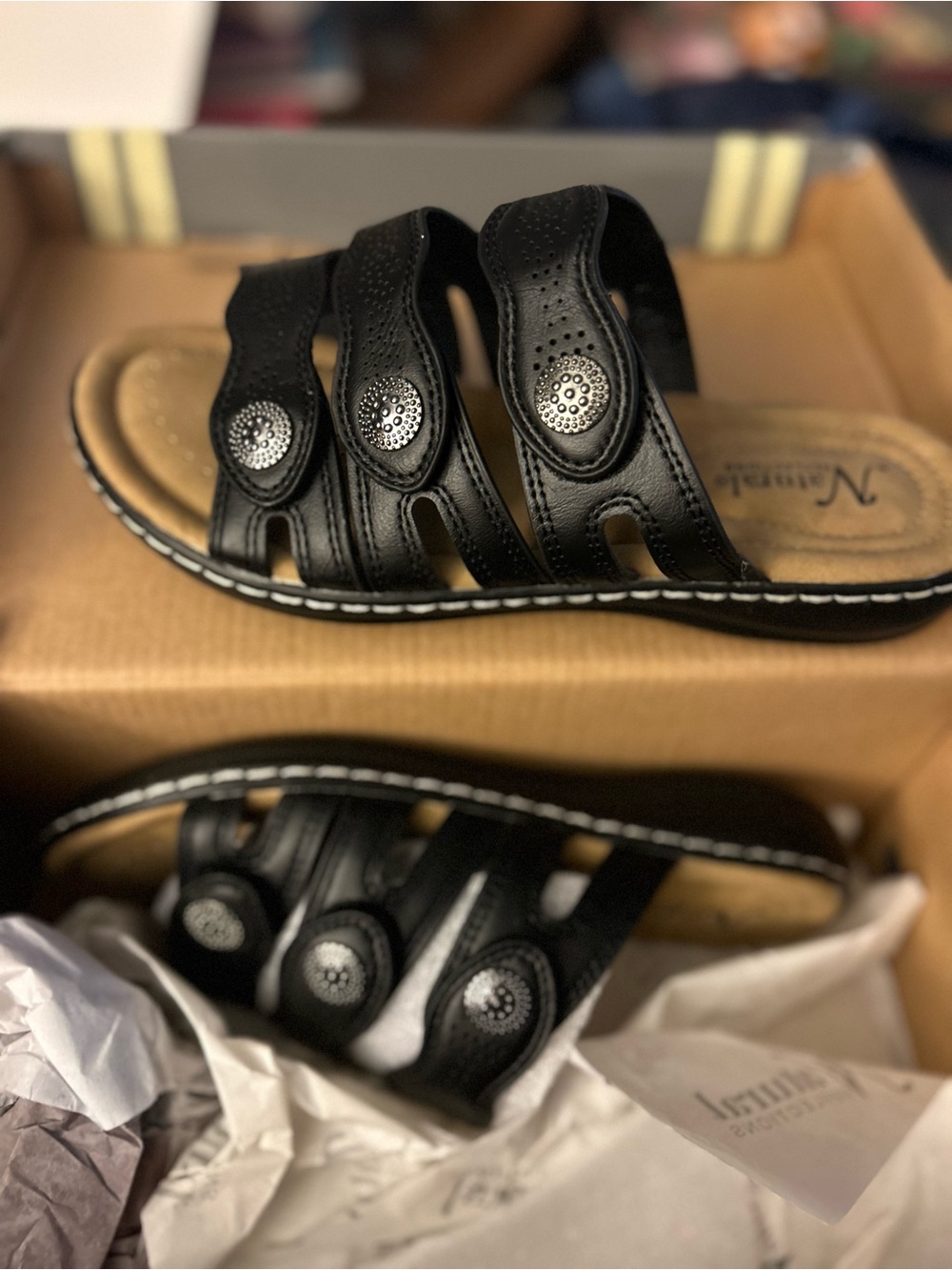 Natural Reflections Black Triple-Strap Slide Sandals